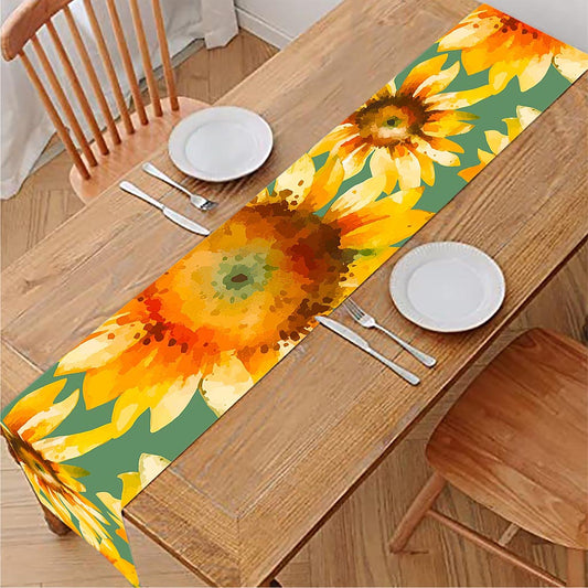 Sage Watercolor Sunflower Pattern Print Table Runner
