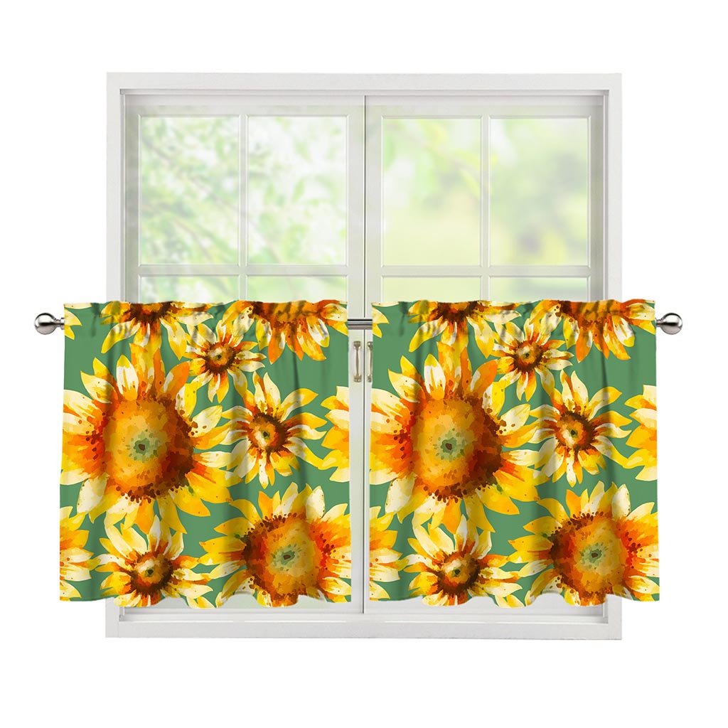 Sage Watercolor Sunflower Pattern Print Tier Curtains