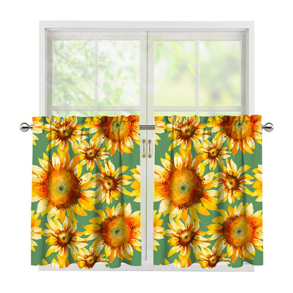 Sage Watercolor Sunflower Pattern Print Tier Curtains