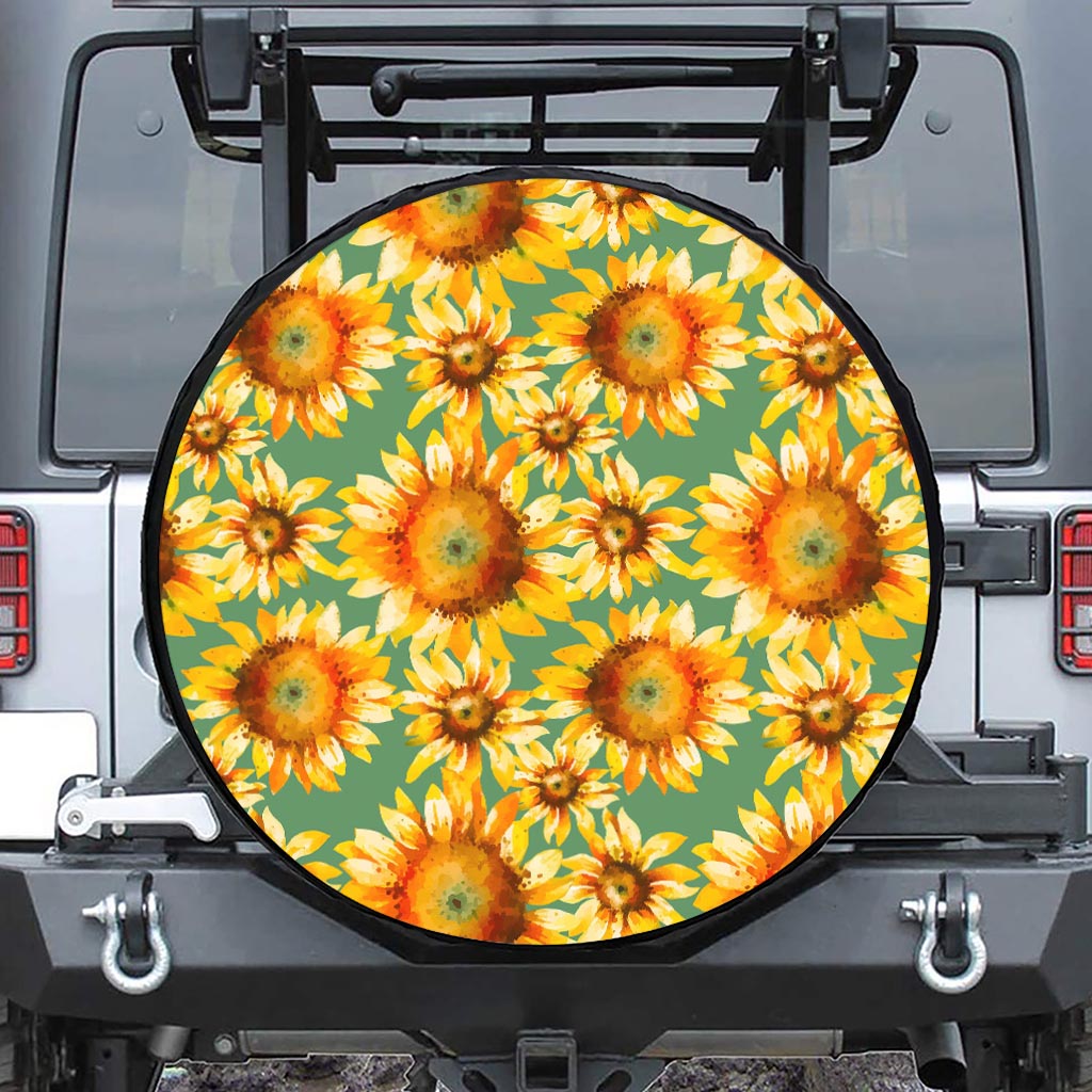 Sage Watercolor Sunflower Pattern Print Tire Cover