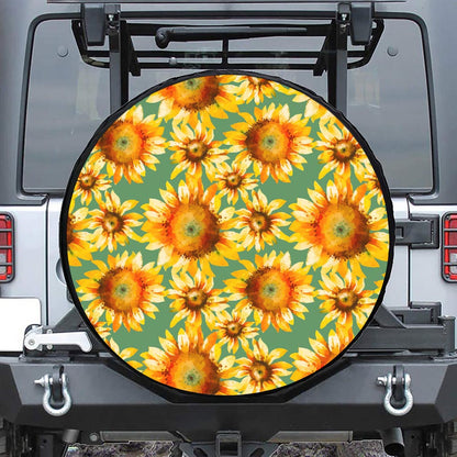 Sage Watercolor Sunflower Pattern Print Tire Cover