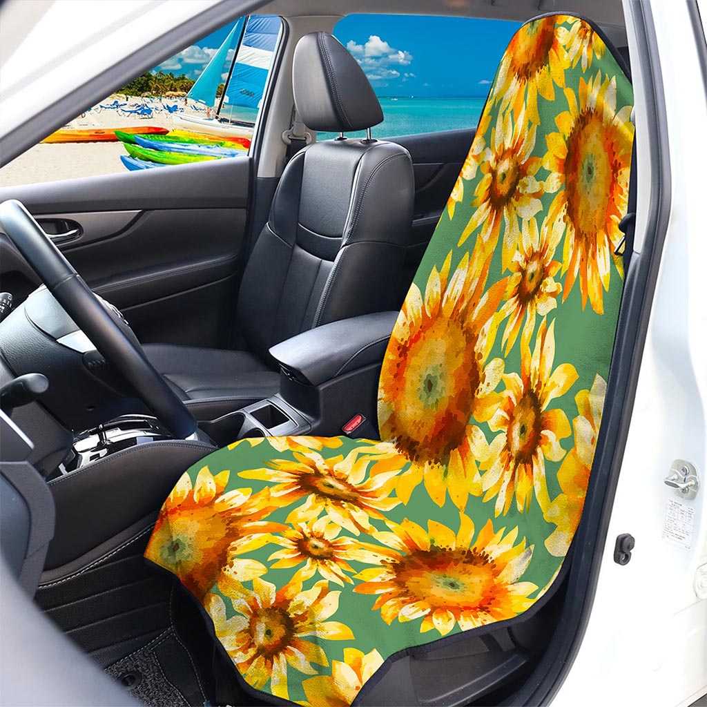 Sage Watercolor Sunflower Pattern Print Waterproof Car Seat Cover