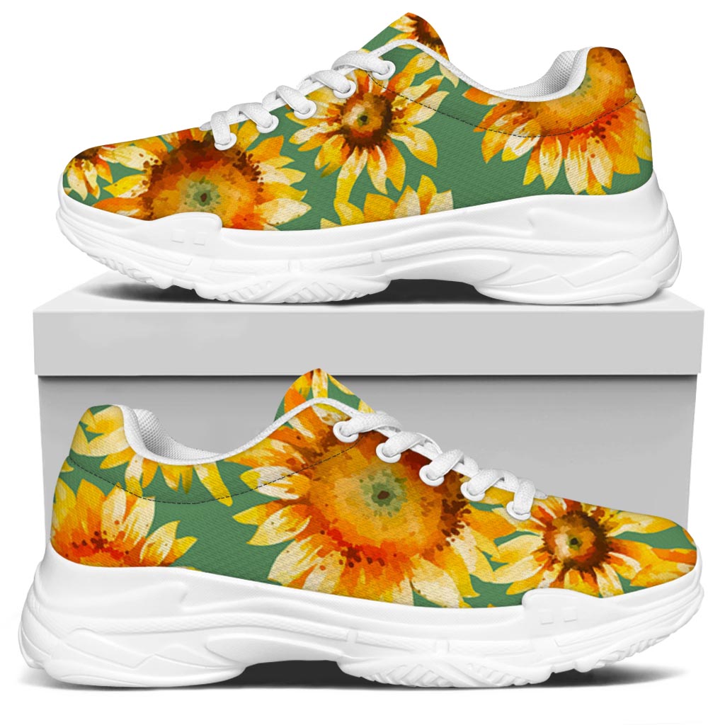 Sage Watercolor Sunflower Pattern Print White Chunky Shoes