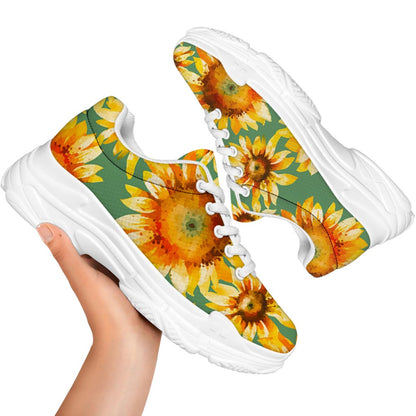 Sage Watercolor Sunflower Pattern Print White Chunky Shoes