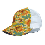 Sage Watercolor Sunflower Pattern Print White Mesh Trucker Cap