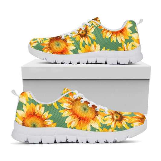 Sage Watercolor Sunflower Pattern Print White Running Shoes