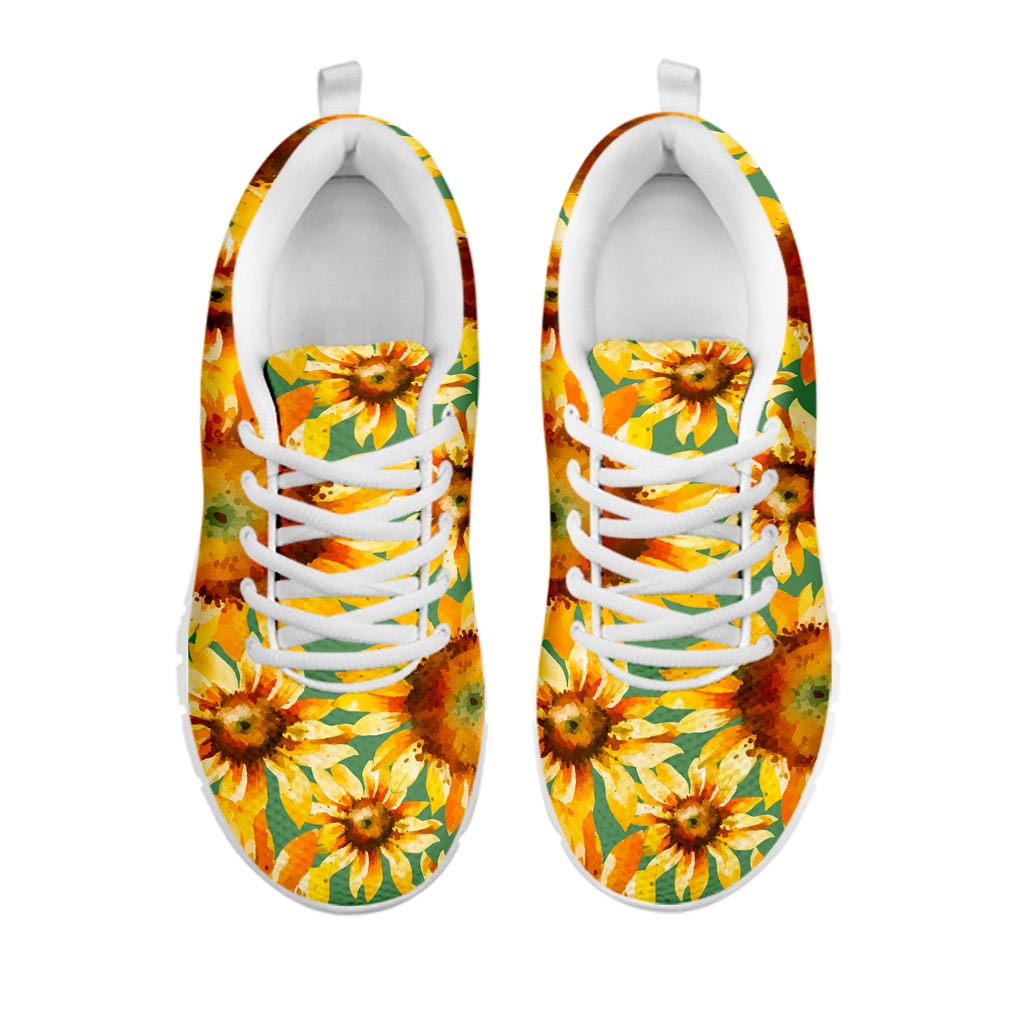Sage Watercolor Sunflower Pattern Print White Running Shoes