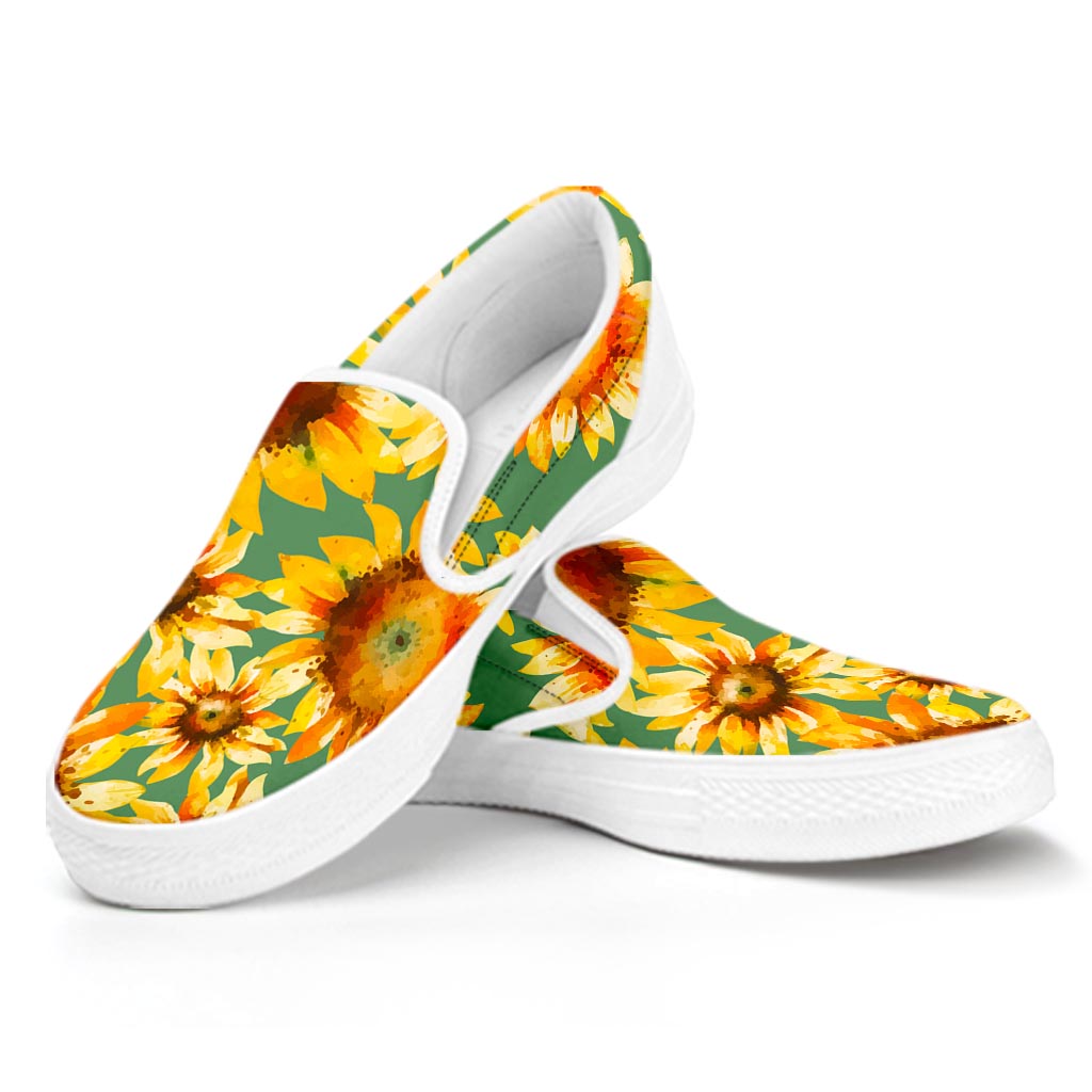 Sage Watercolor Sunflower Pattern Print White Slip On Sneakers