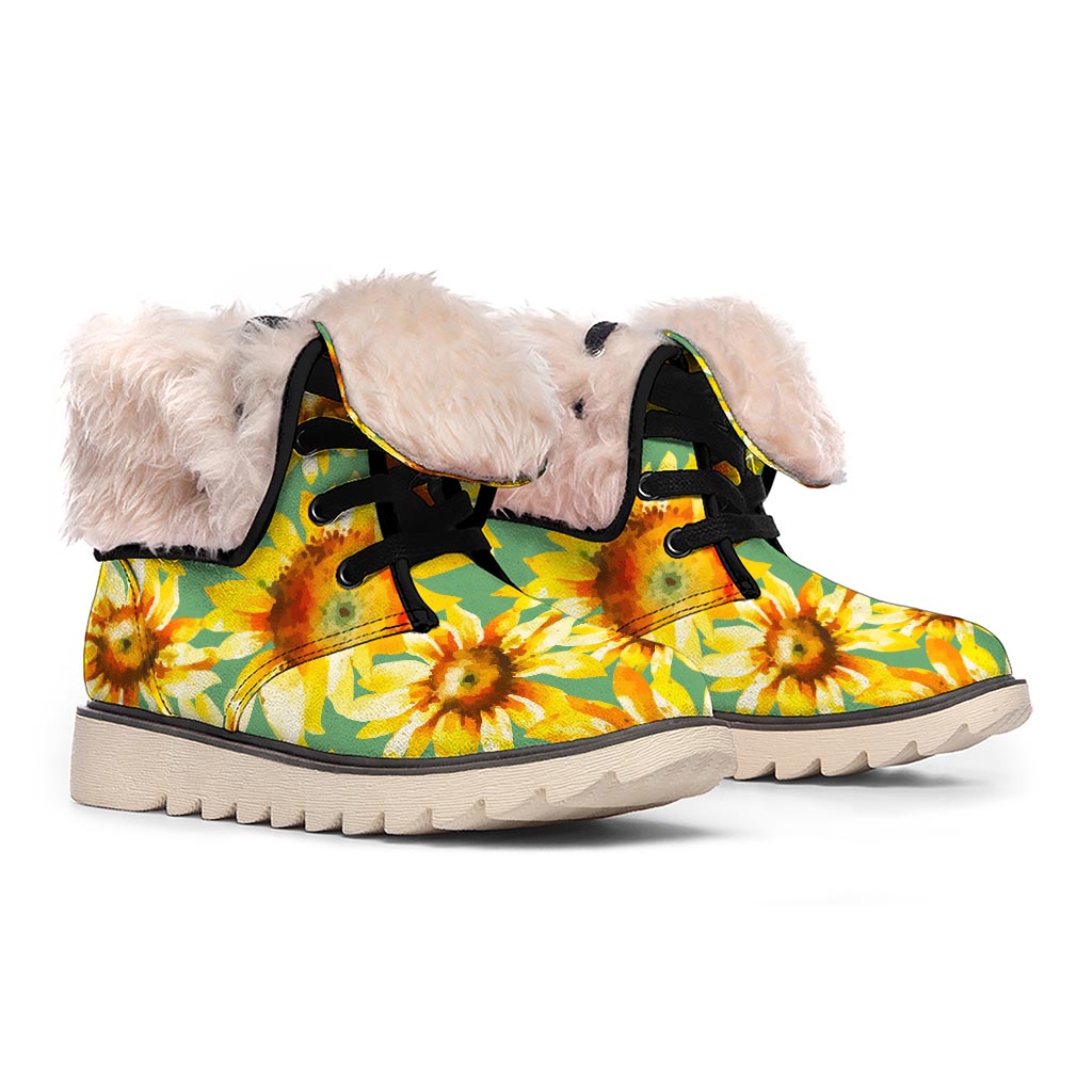 Sage Watercolor Sunflower Pattern Print Winter Boots