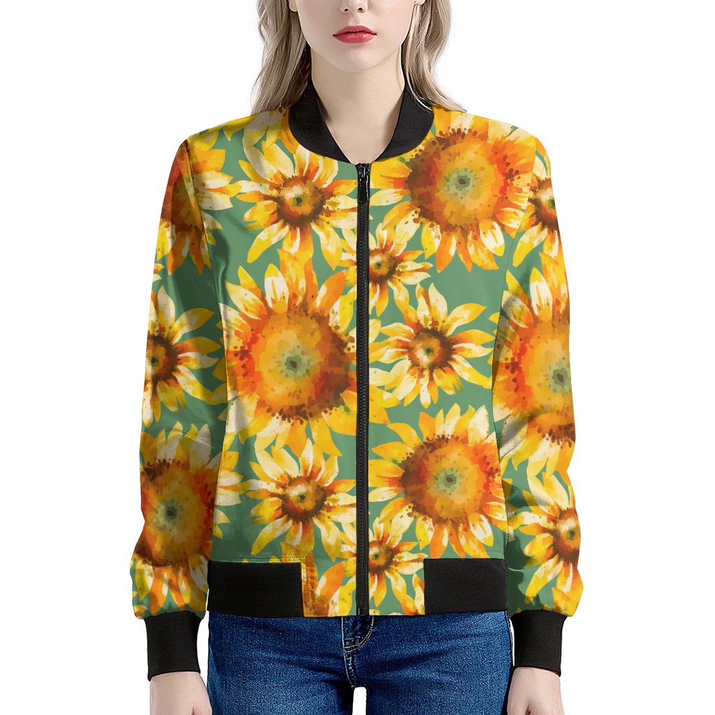 Sage Watercolor Sunflower Pattern Print Women's Bomber Jacket