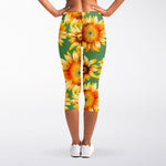Sage Watercolor Sunflower Pattern Print Women's Capri Leggings