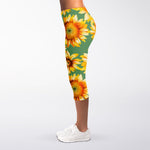 Sage Watercolor Sunflower Pattern Print Women's Capri Leggings