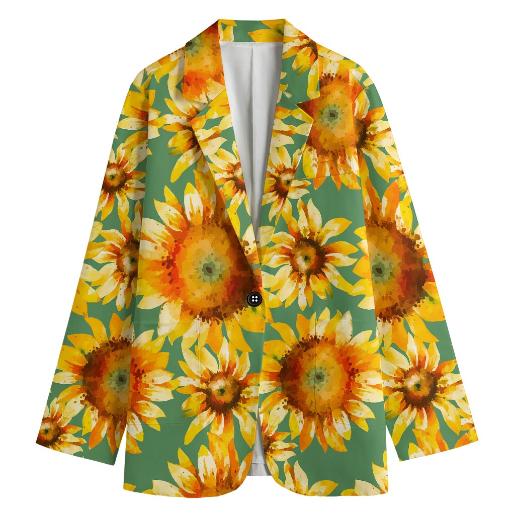 Sage Watercolor Sunflower Pattern Print Women's Cotton Blazer