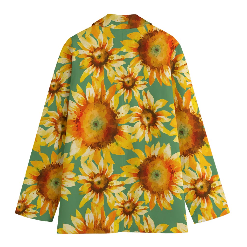 Sage Watercolor Sunflower Pattern Print Women's Cotton Blazer