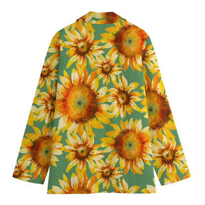 Sage Watercolor Sunflower Pattern Print Women's Cotton Blazer