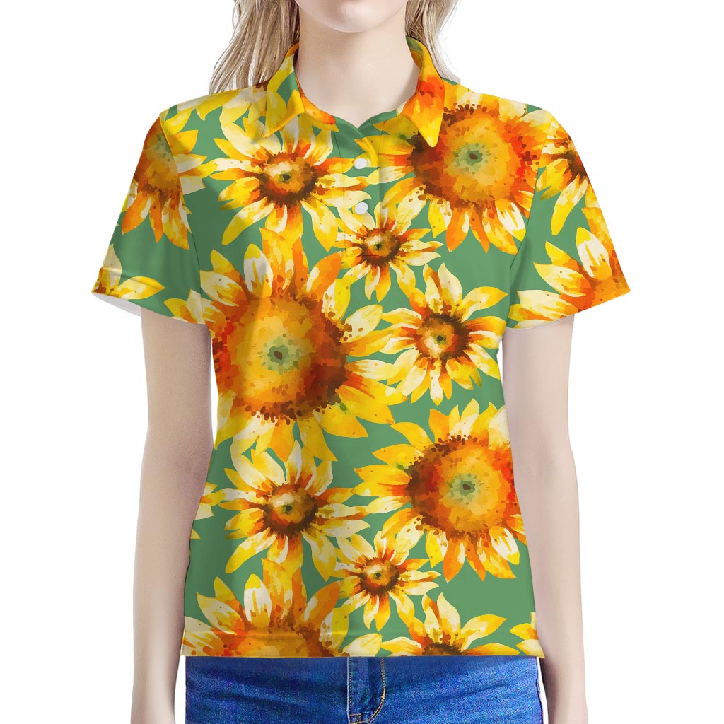 Sage Watercolor Sunflower Pattern Print Women's Polo Shirt