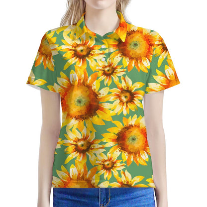 Sage Watercolor Sunflower Pattern Print Women's Polo Shirt