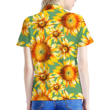Sage Watercolor Sunflower Pattern Print Women's Polo Shirt