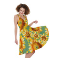 Sage Watercolor Sunflower Pattern Print Sleeveless Knee Length Dress