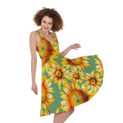 Sage Watercolor Sunflower Pattern Print Women's Sleeveless Dress