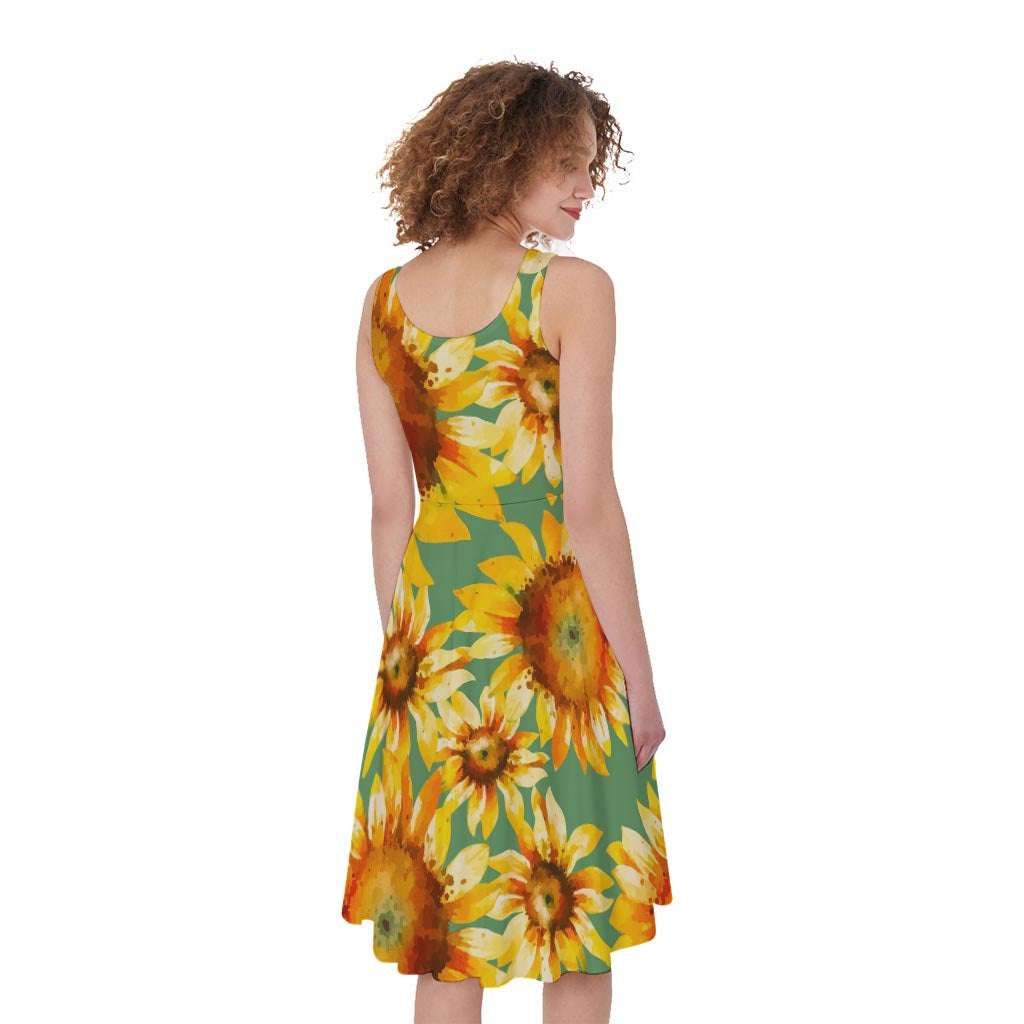 Sage Watercolor Sunflower Pattern Print Women's Sleeveless Dress