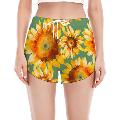 Sage Watercolor Sunflower Pattern Print Women's Split Running Shorts