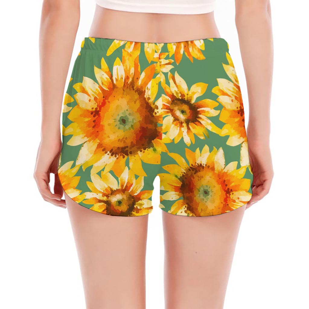 Sage Watercolor Sunflower Pattern Print Women's Split Running Shorts