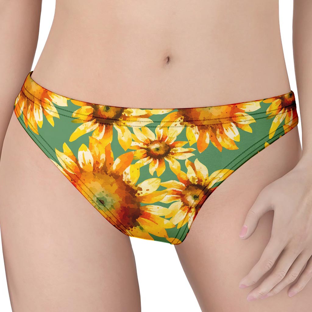 Sage Watercolor Sunflower Pattern Print Women's Thong