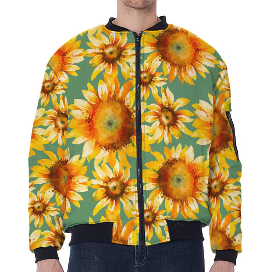 Sage Watercolor Sunflower Pattern Print Zip Sleeve Bomber Jacket
