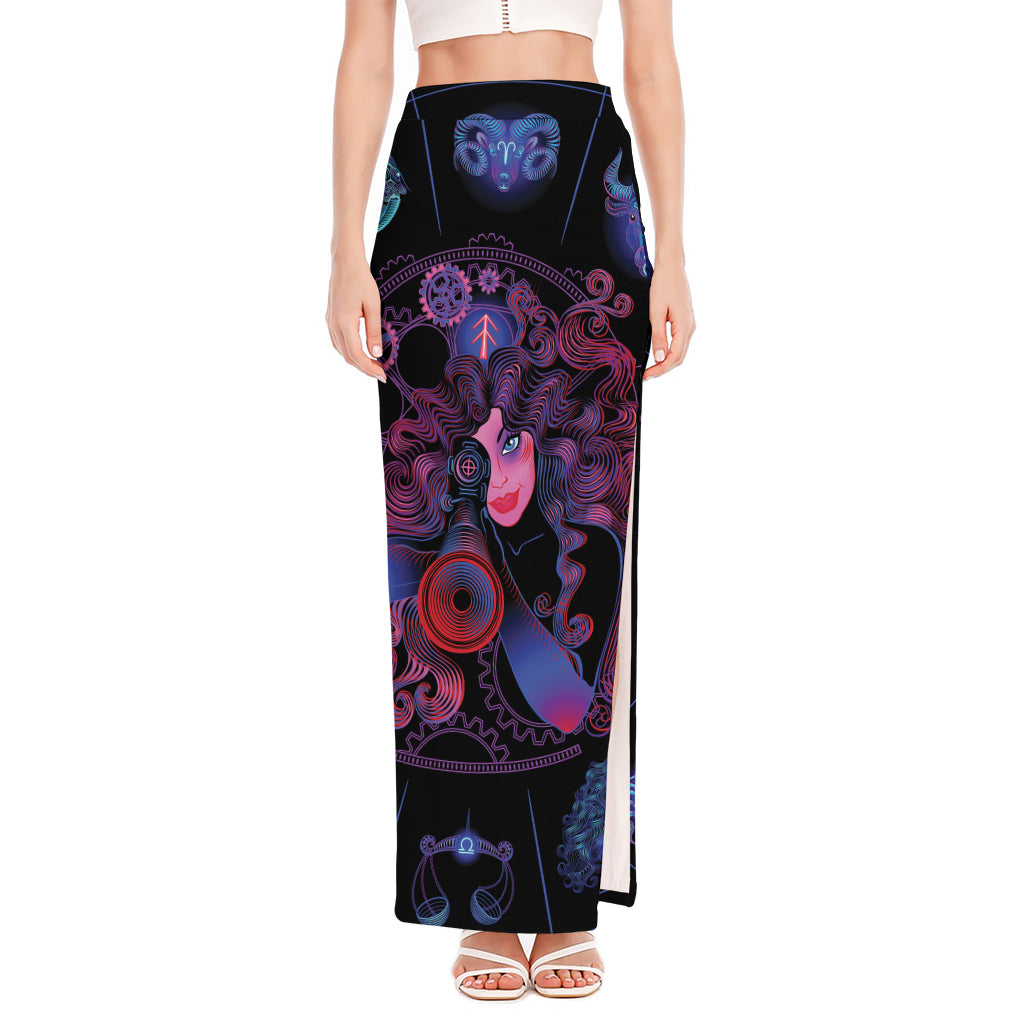 Sagittarius And Astrological Signs Print High Slit Maxi Skirt