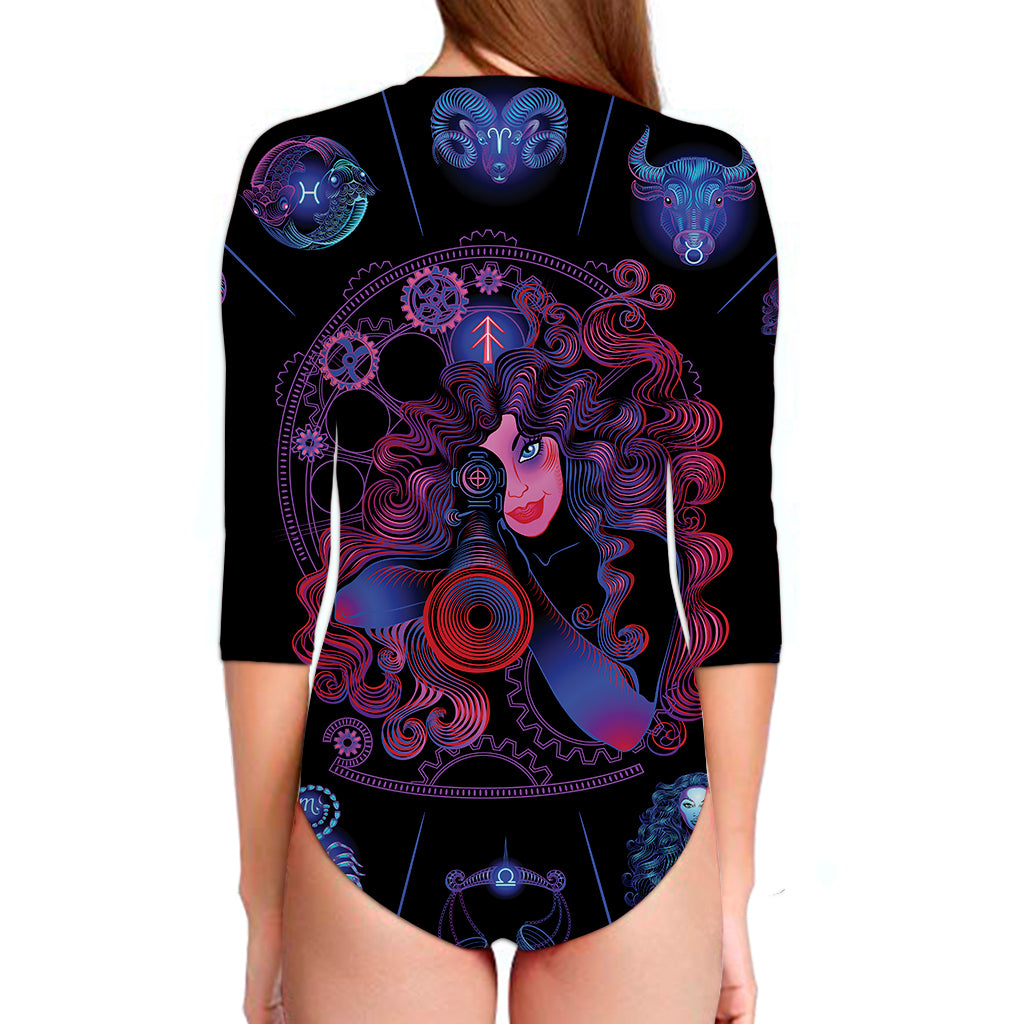 Sagittarius And Astrological Signs Print Long Sleeve Swimsuit