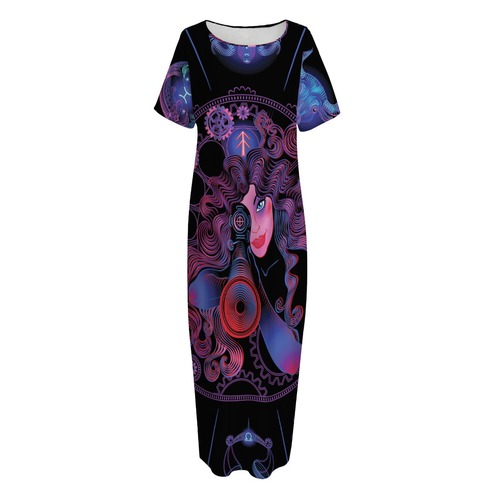 Sagittarius And Astrological Signs Print Short Sleeve Long Nightdress