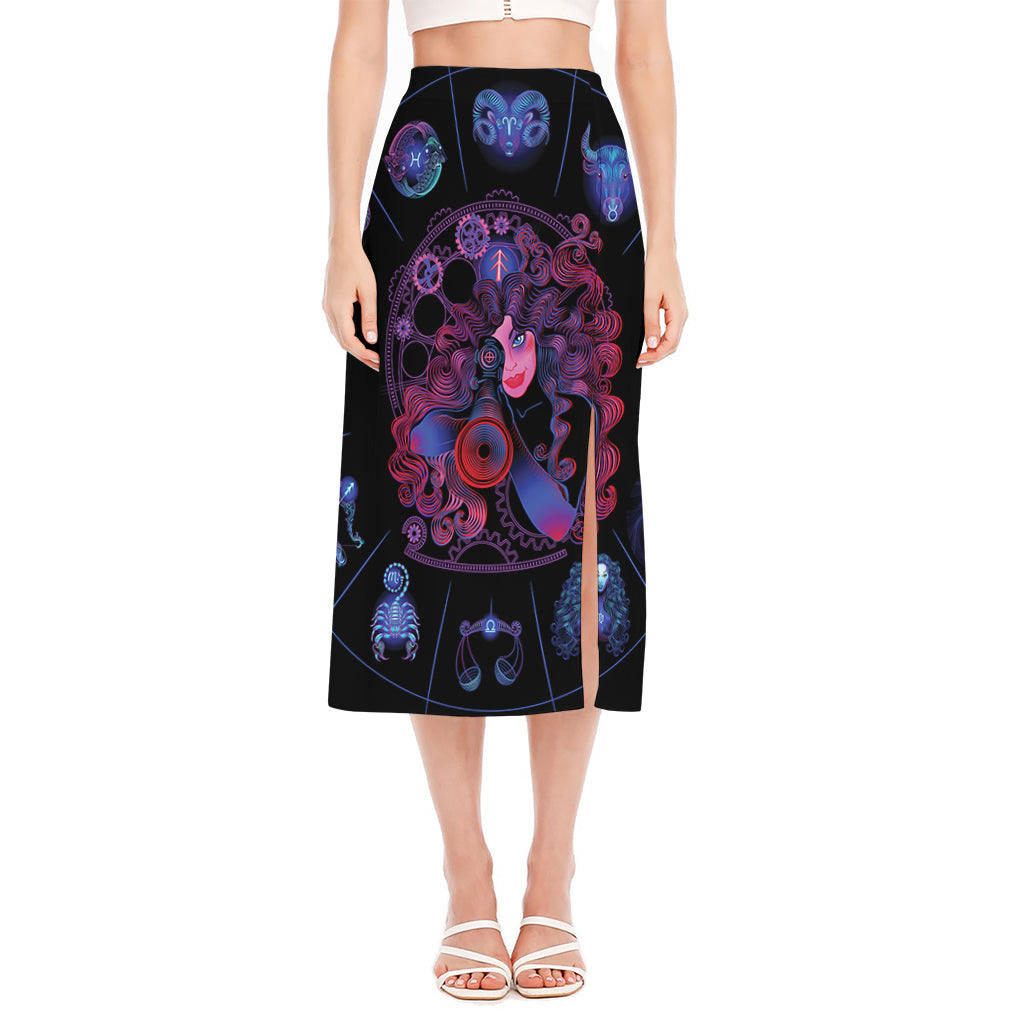 Sagittarius And Astrological Signs Print Side Slit Midi Skirt