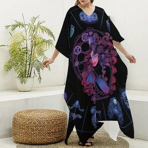 Sagittarius And Astrological Signs Print Silk V-Neck Kaftan Dress