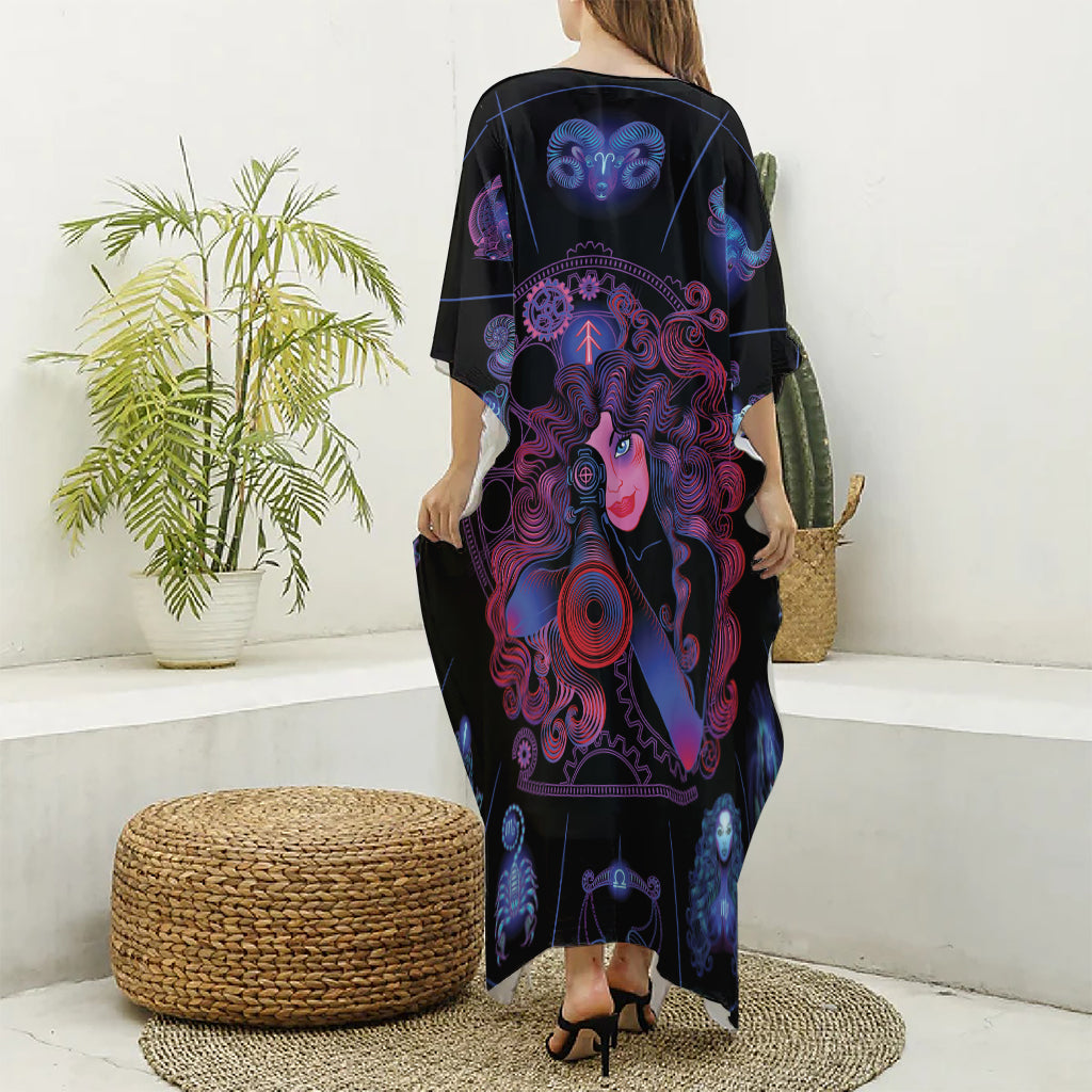 Sagittarius And Astrological Signs Print Silk V-Neck Kaftan Dress