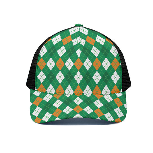Saint Patrick's Day Argyle Pattern Print Black Mesh Trucker Cap