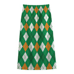 Saint Patrick's Day Argyle Pattern Print Cotton Front Slit Maxi Skirt