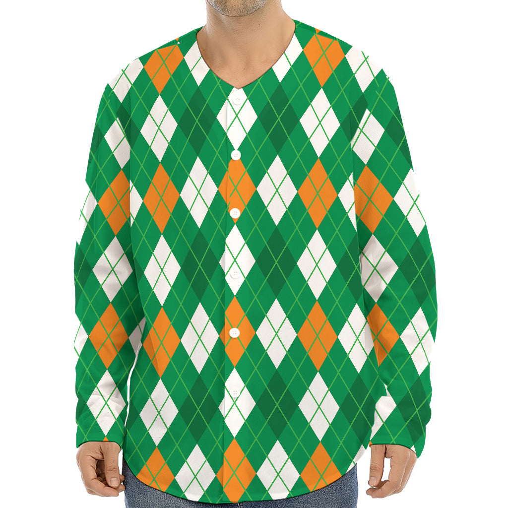 Saint Patrick's Day Argyle Pattern Print Long Sleeve Baseball Jersey