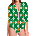 Saint Patrick's Day Argyle Pattern Print Long Sleeve Swimsuit