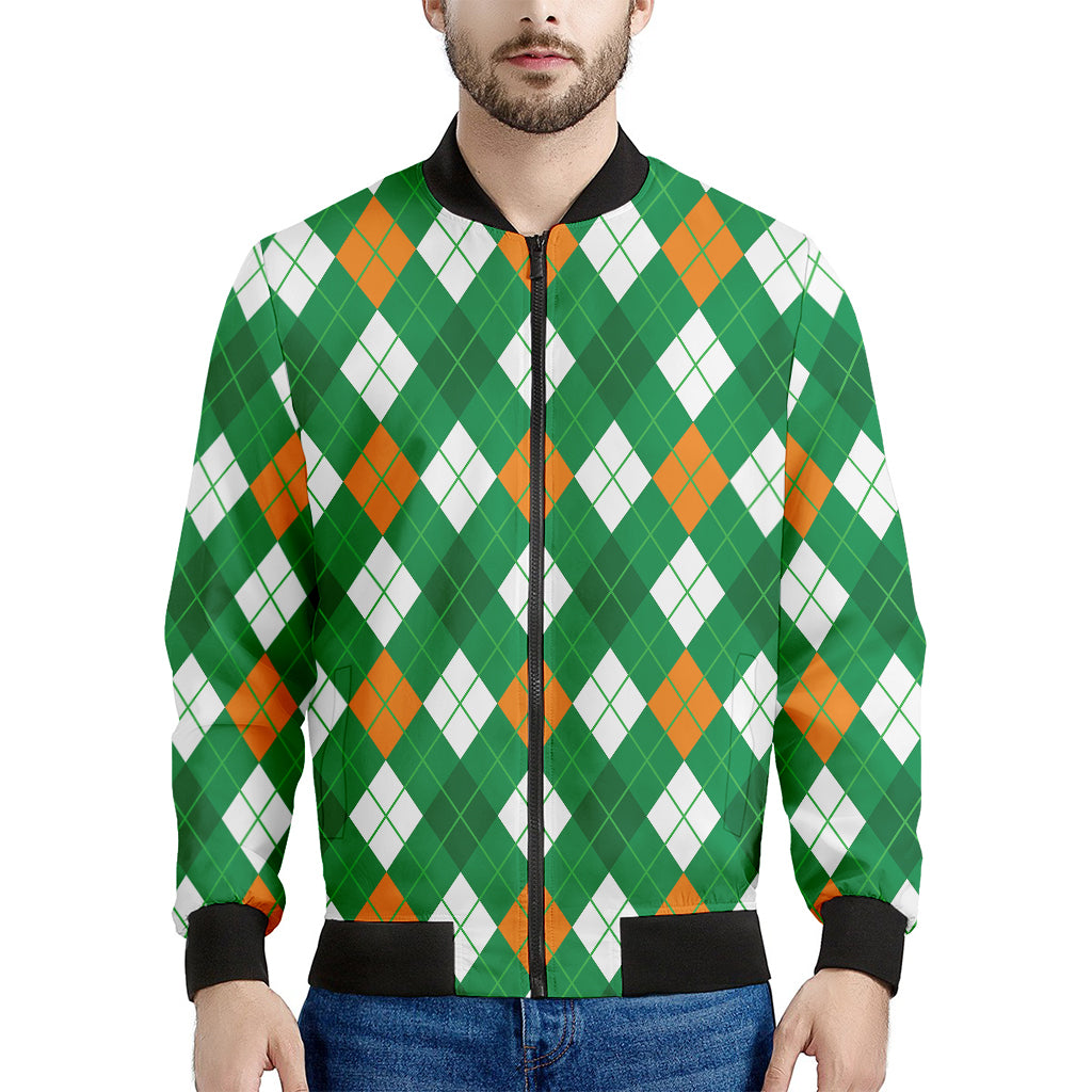 Saint Patrick's Day Argyle Pattern Print Men's Bomber Jacket