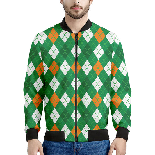 Saint Patrick's Day Argyle Pattern Print Men's Bomber Jacket