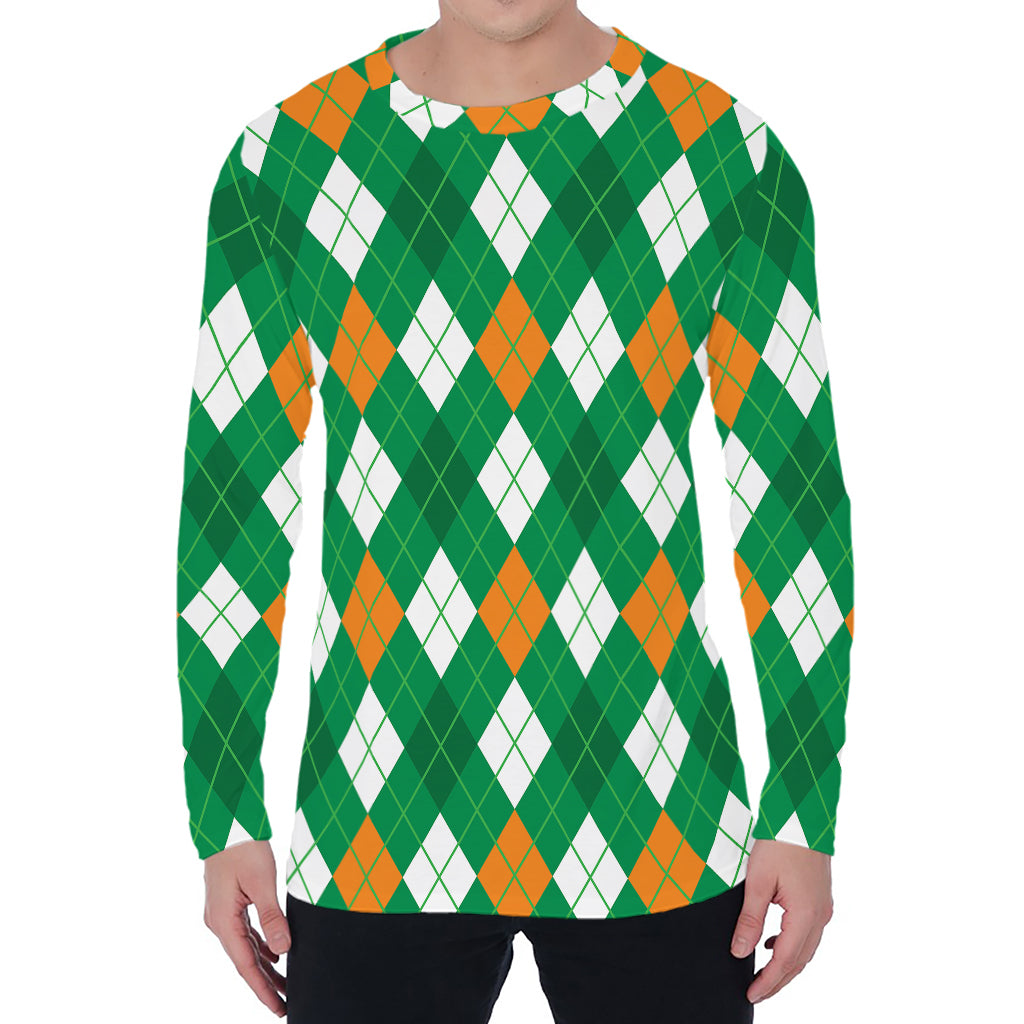 Saint Patrick's Day Argyle Pattern Print Men's Long Sleeve T-Shirt