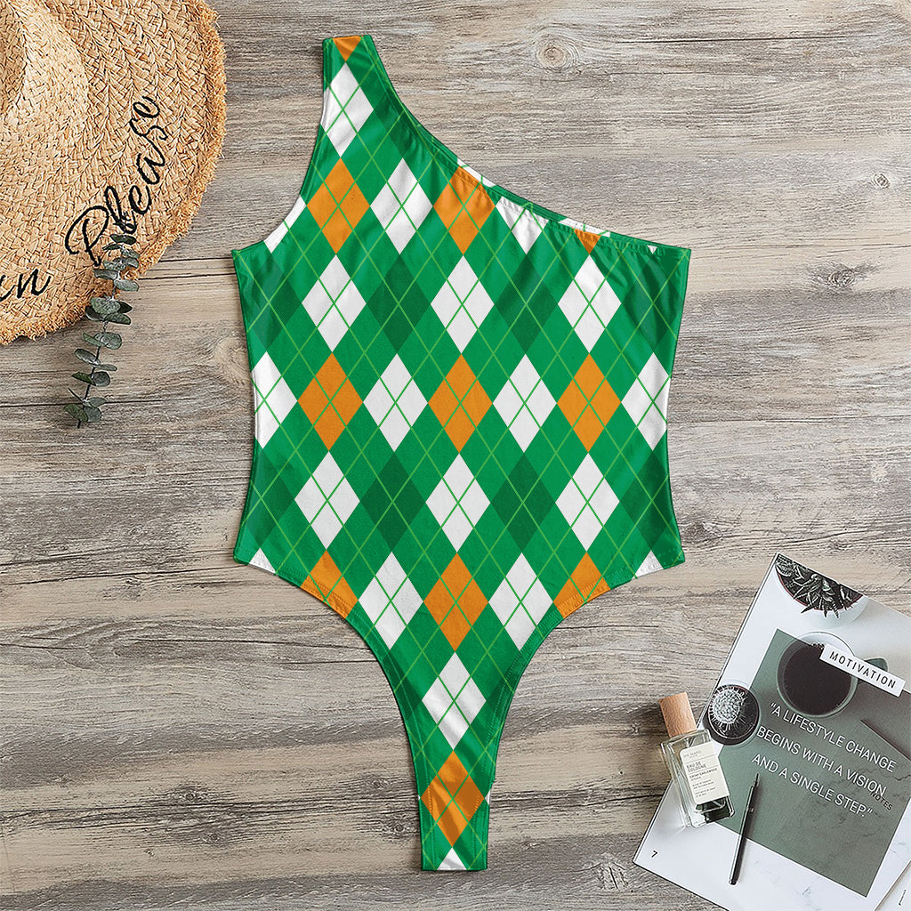 Saint Patrick's Day Argyle Pattern Print One Shoulder Bodysuit