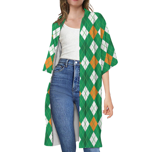 Saint Patrick's Day Argyle Pattern Print Open Front Beach Cover Up