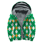 Saint Patrick's Day Argyle Pattern Print Sherpa Lined Zip Up Hoodie
