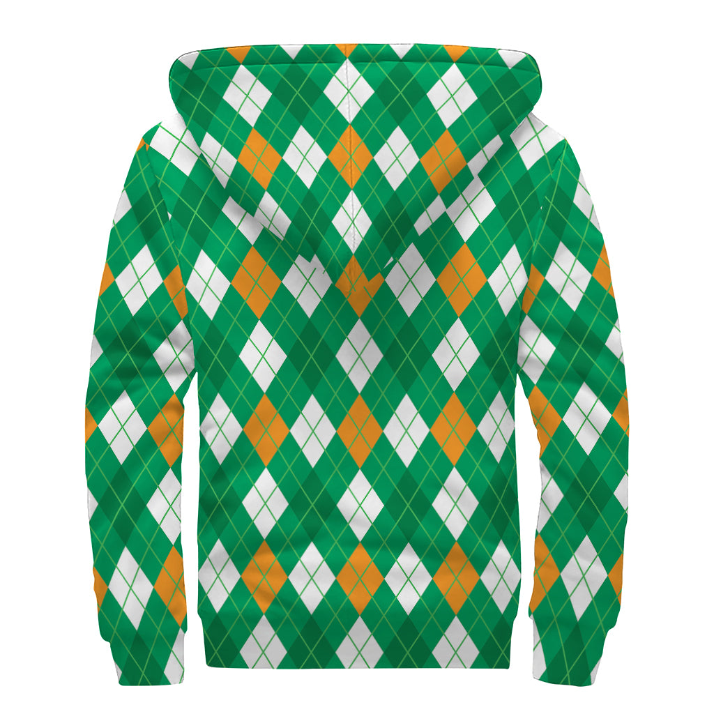 Saint Patrick's Day Argyle Pattern Print Sherpa Lined Zip Up Hoodie