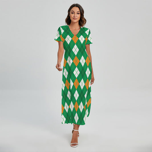 Saint Patrick's Day Argyle Pattern Print Short Sleeve Maxi Dress