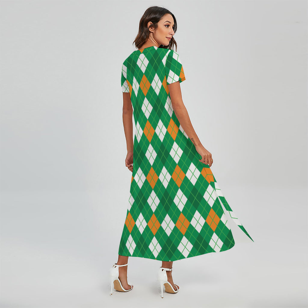 Saint Patrick's Day Argyle Pattern Print Short Sleeve Maxi Dress