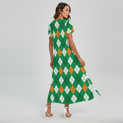 Saint Patrick's Day Argyle Pattern Print Short Sleeve Maxi Dress