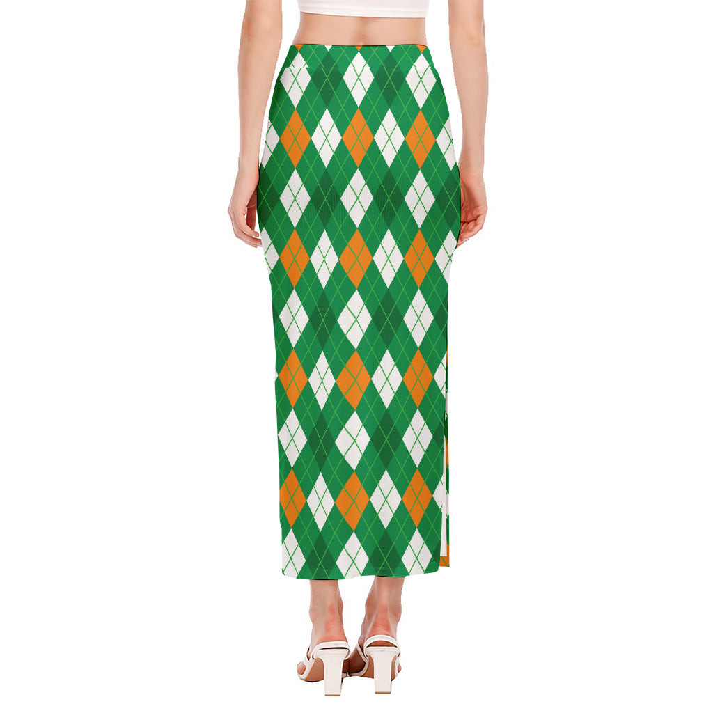 Saint Patrick's Day Argyle Pattern Print Side Slit Maxi Skirt